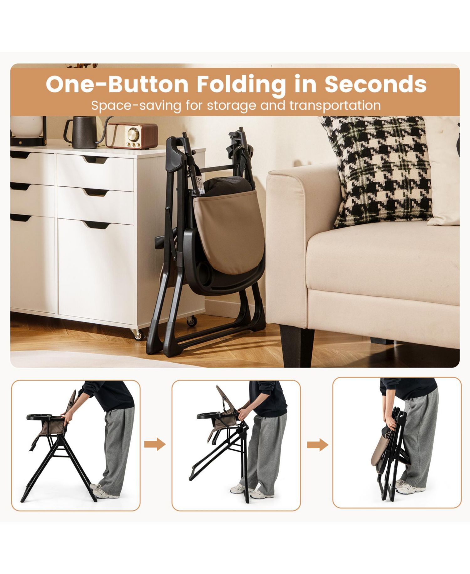 Compact Baby High Chair with Removable Tray and PU Cushion