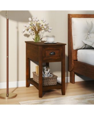 Set of 2 Retro Narrow End Tables with Drawer and Open Shelf