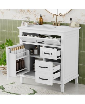 30 Inch Bathroom Vanity with Ceramic Sink, Solid Wood Freestanding Cabinet with Flip Drawer and Soft-Close Door