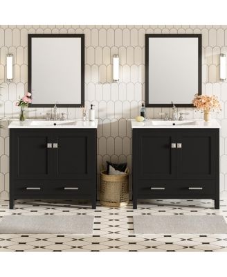 72 Inch Double Bathroom Vanity Set with Ceramic Sinks, Solid Wood Cabinet, Ample Storage and Soft Close Doors, Modern Freestanding
