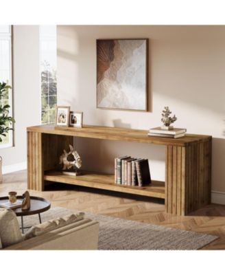 Solid Wood TV Stand for 55/60/65/75-Inch TVs, Farmhouse Entertainment Center with 2-Tier Storage Shelf, Fluted TV Consoles