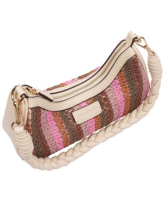 Woven Ribbon Zip Top Hobo Bag - Striped Woven Shoulder Bag with Braided Strap