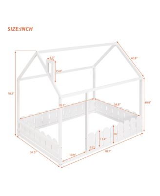 Full Size  Wood House Bed Frame with Surrounding Fence Roof Design for Kids Teens Boys and Girls