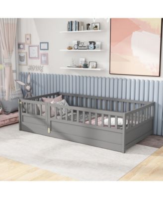 Twin Size Montessori Wooden Floor Bed With High Security Barrier And Door For Kids Bedroom