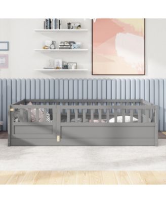 Twin Size Montessori Wooden Floor Bed With High Security Barrier And Door For Kids Bedroom