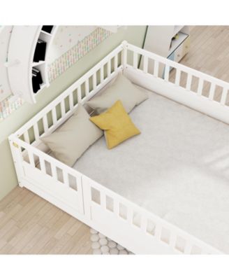 Full Size Montessori Wooden Floor Bed With Support Slat High Barrier And Door For Kids