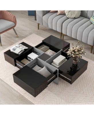 Coffee Table - Square Center Table with 4 Hidden Storage Compartments, Extendable Sliding Tabletop, High-gloss Design for Living Room