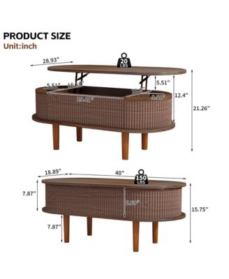 Fluted Lift Top Coffee Table, Modern Oval Wooden Center Table with Hidden Compartment for Living Room or Home Office