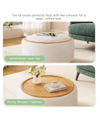 29" Round Storage Ottoman - Coffee Table with Reversible Lid, Wood Frame, Boucle Fabric Footrest for Living Room