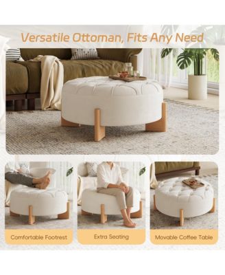 32" Round Tufted Ottoman - Coffee Table with Solid Wood Legs, Tufted Buttons and Piping Lines, Center Table for Living Room