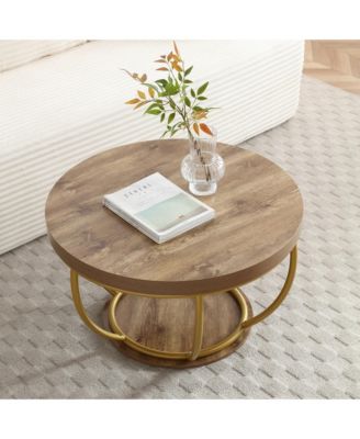 31" Round Coffee Table - 2-Tier Storage Shelves, Industrial Modern Wood & Metal Center Table for Living Room, Home Office