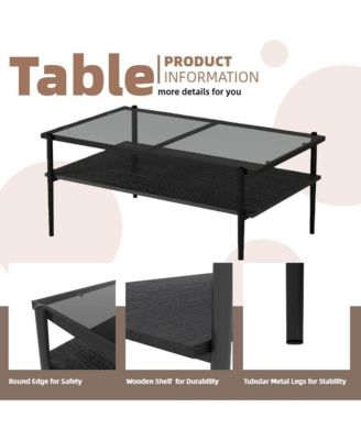 Rectangle 2 Tier Coffee Table, Center Table with Tempered Glass Top and Wood Storage Shelf for Living Room, Small Space