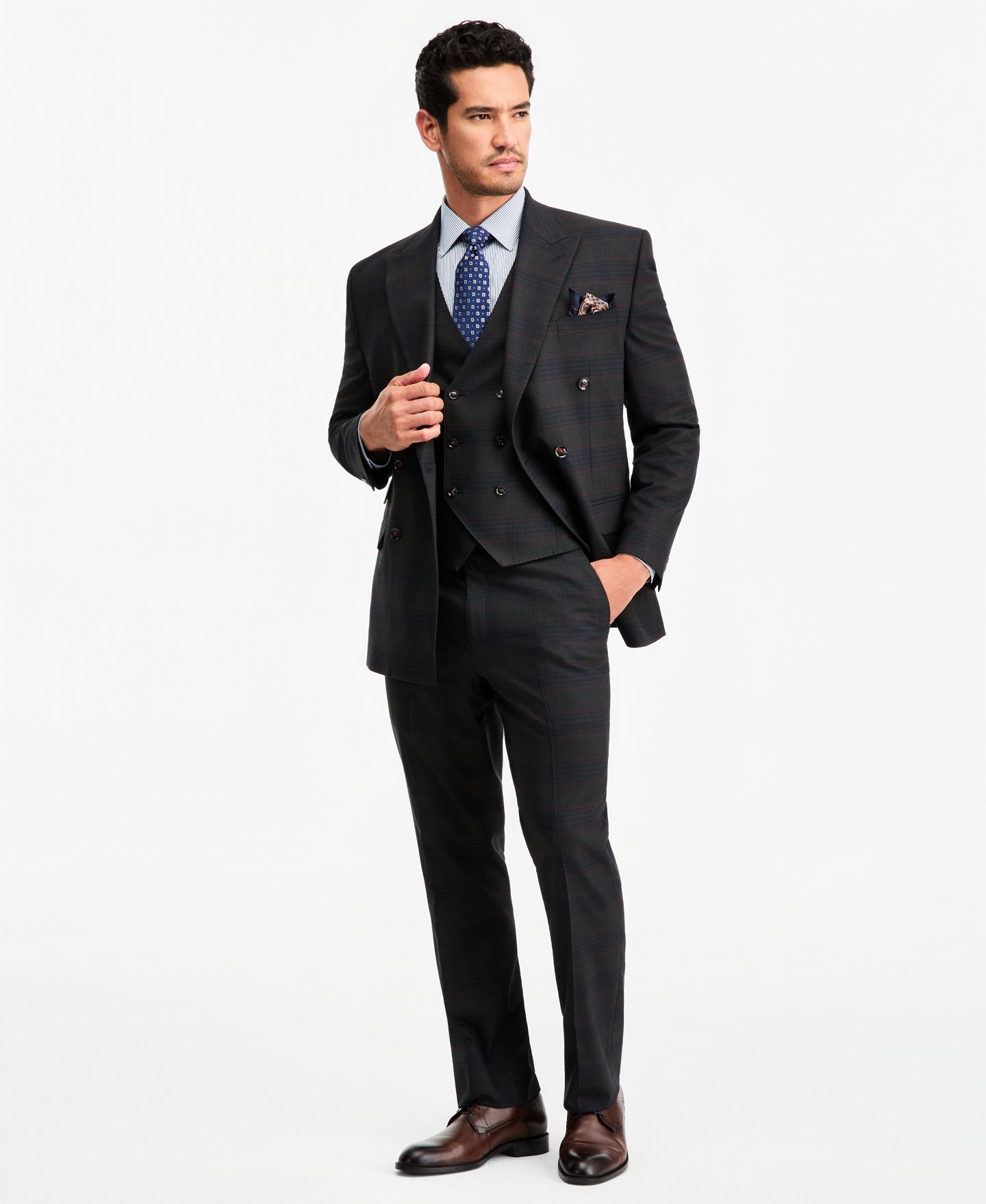Мужские комплекты Tayion Collection Classic-Fit Green Plaid Suit Separates, цвет: Оливковый красный — фото 2