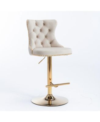Velvet Swivel Bar Stools Set of 2, Adjustable Counter Height Chairs with Nailhead Trim and Gold Metal Base for Kitchen Island