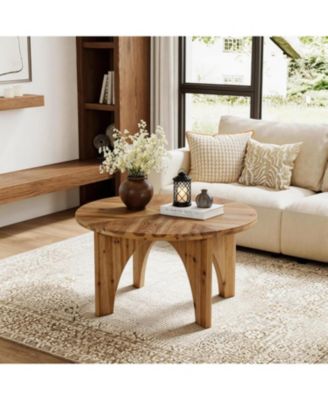 Solid Wood Round Coffee Table, Farmhouse Center Table with Curved Legs, Circle Cocktail Tea Table