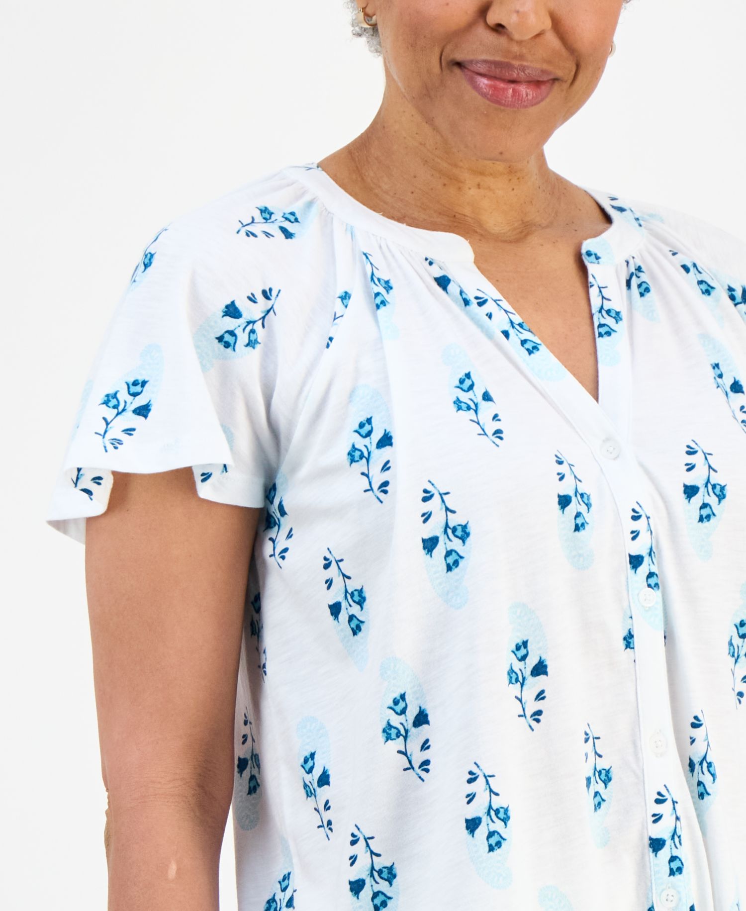 Petite Printed Button-Front Short-Sleeve Top