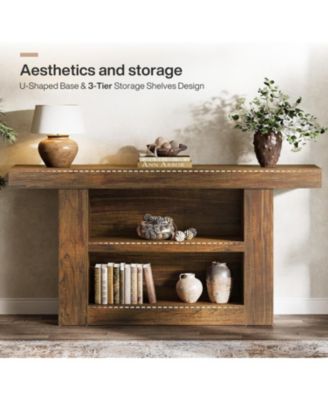 63-Inch Console Table with Storage, 3-Tier Farmhouse Entryway Table with U-Shaped Base, Wooden Sofa Furniture Behind The Couch