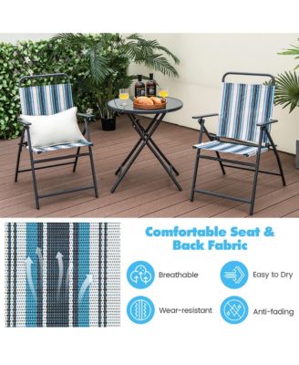 3 Pieces Patio Folding Chair Set w/ 2 Chairs and Glass Round Coffee Table Porch Deck Backyard