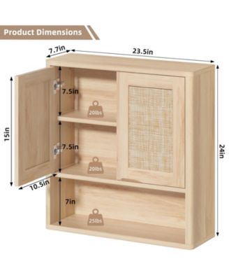 Rattan Wall Mounted Bathroom Cabinet Adjustable Shelf Over Toilet Storage Organizer Boho Style