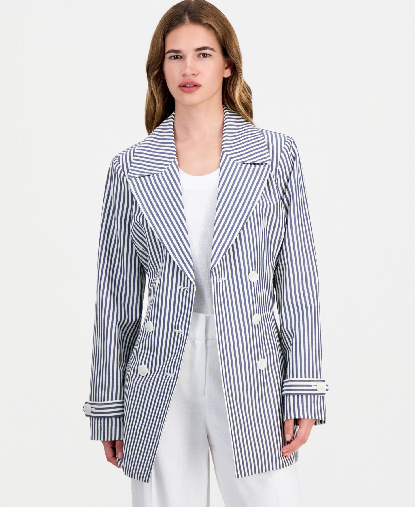 Женский пиджак Tahari ASL Petite Seersucker Wrap Blazer, цвет: Тёмно-синий / Слоновая кость — фото 2