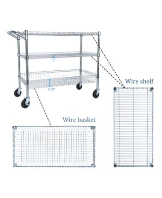 Heavy Duty Rolling Utility Cart, 3 Tier Metal Kitchen Carts On Wheels with Handle Bar & Wire Shelf for Restaurant, Plant Display