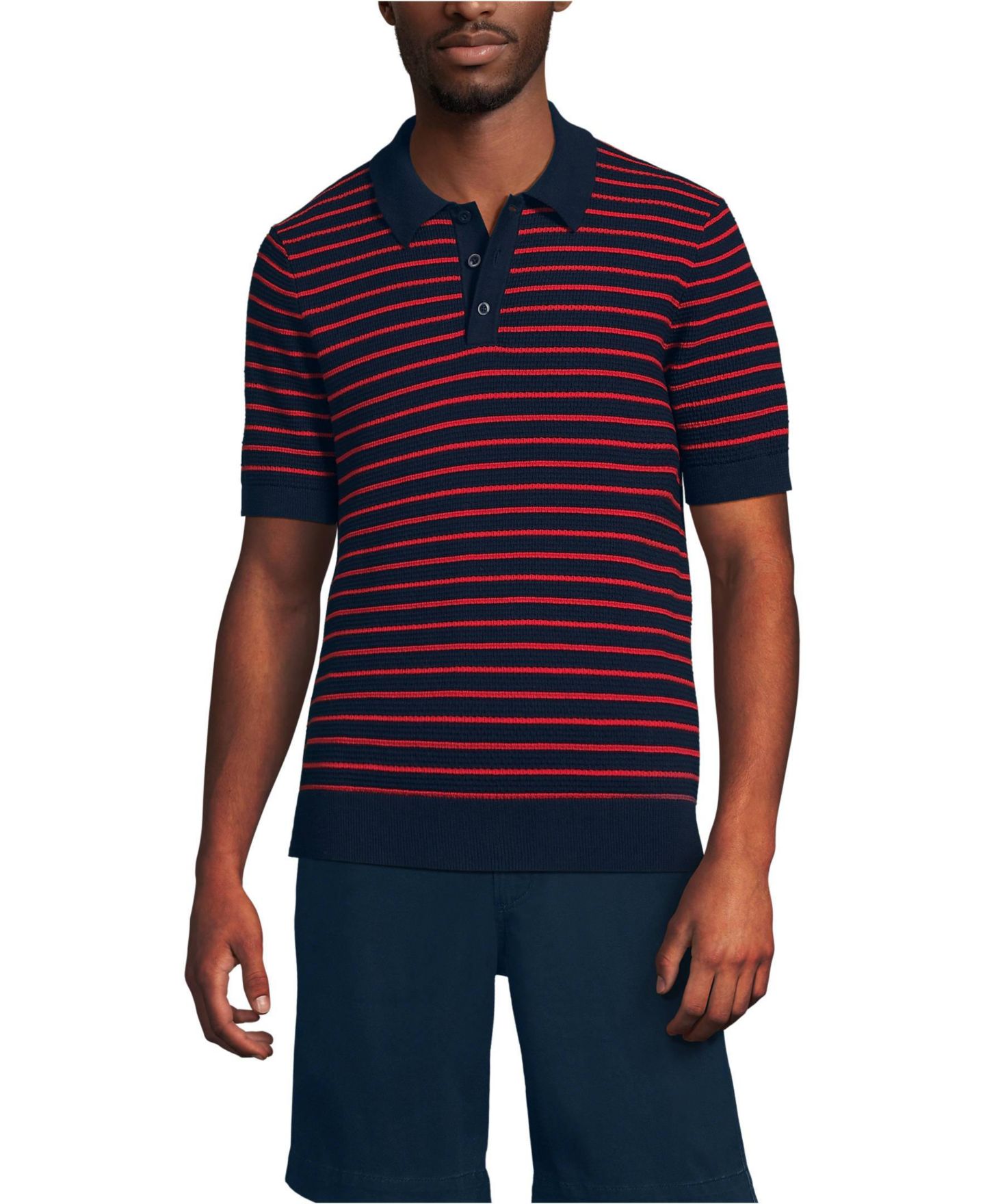 Мужские топы Lands' End Short Sleeve Fine Gauge Sweater Polo, цвет: Тёмно-синий / Красный полосатый — фото 1
