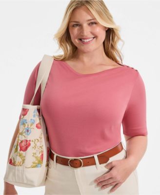 Plus Size Supima Cotton Elbow Sleeve Boatneck Button Shoulder Tee