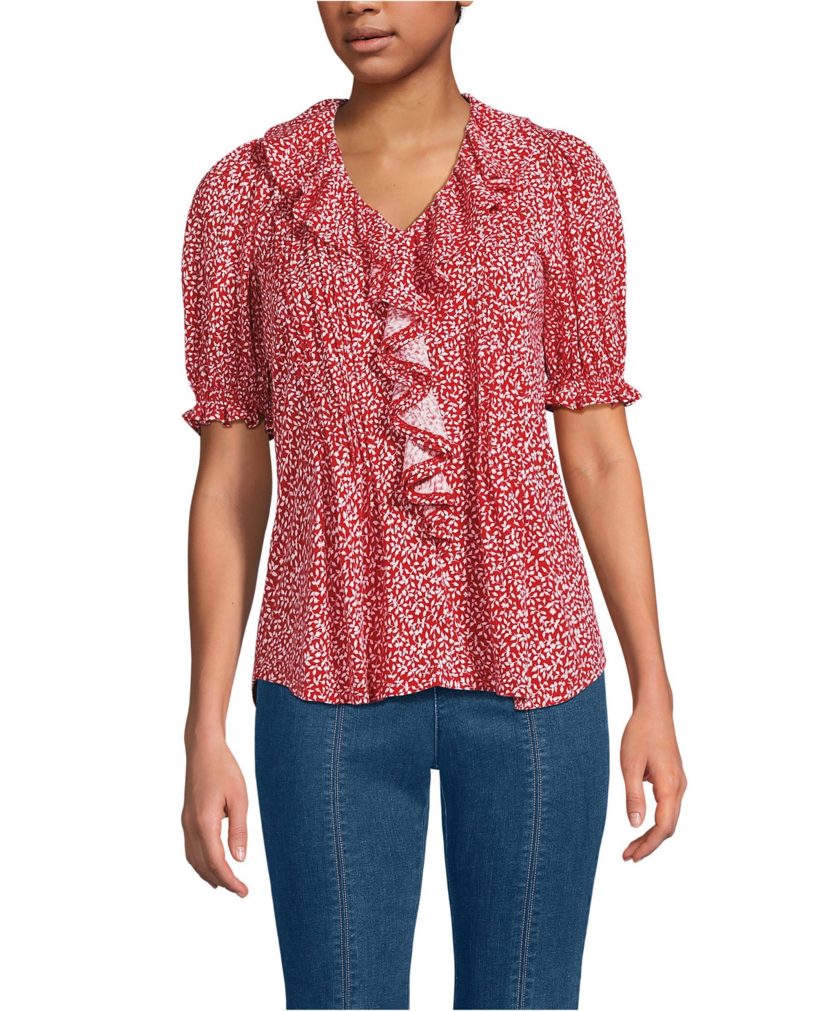 Lands' End Women's Puff Sleeve Slub Ruffle Pintuck Top