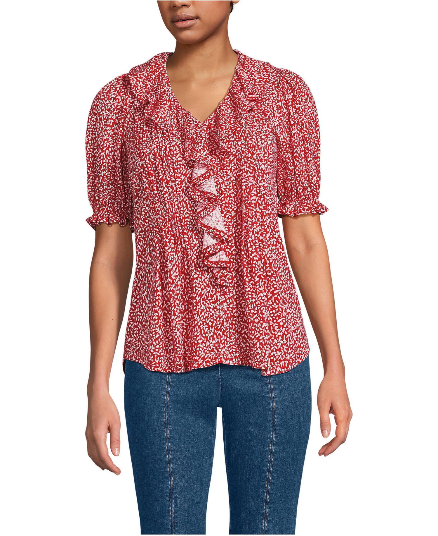 Women's Puff Sleeve Slub Ruffle Pintuck Top