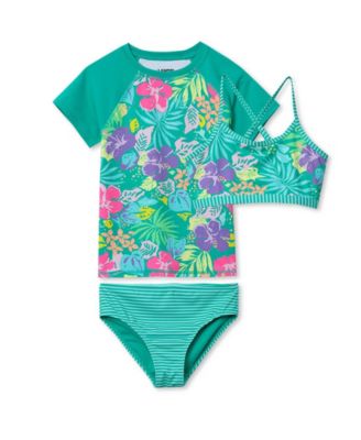 Girls Slim Chlorine Resistant Short Sleeve Rash Guard 3 Piece Swimsuit Set