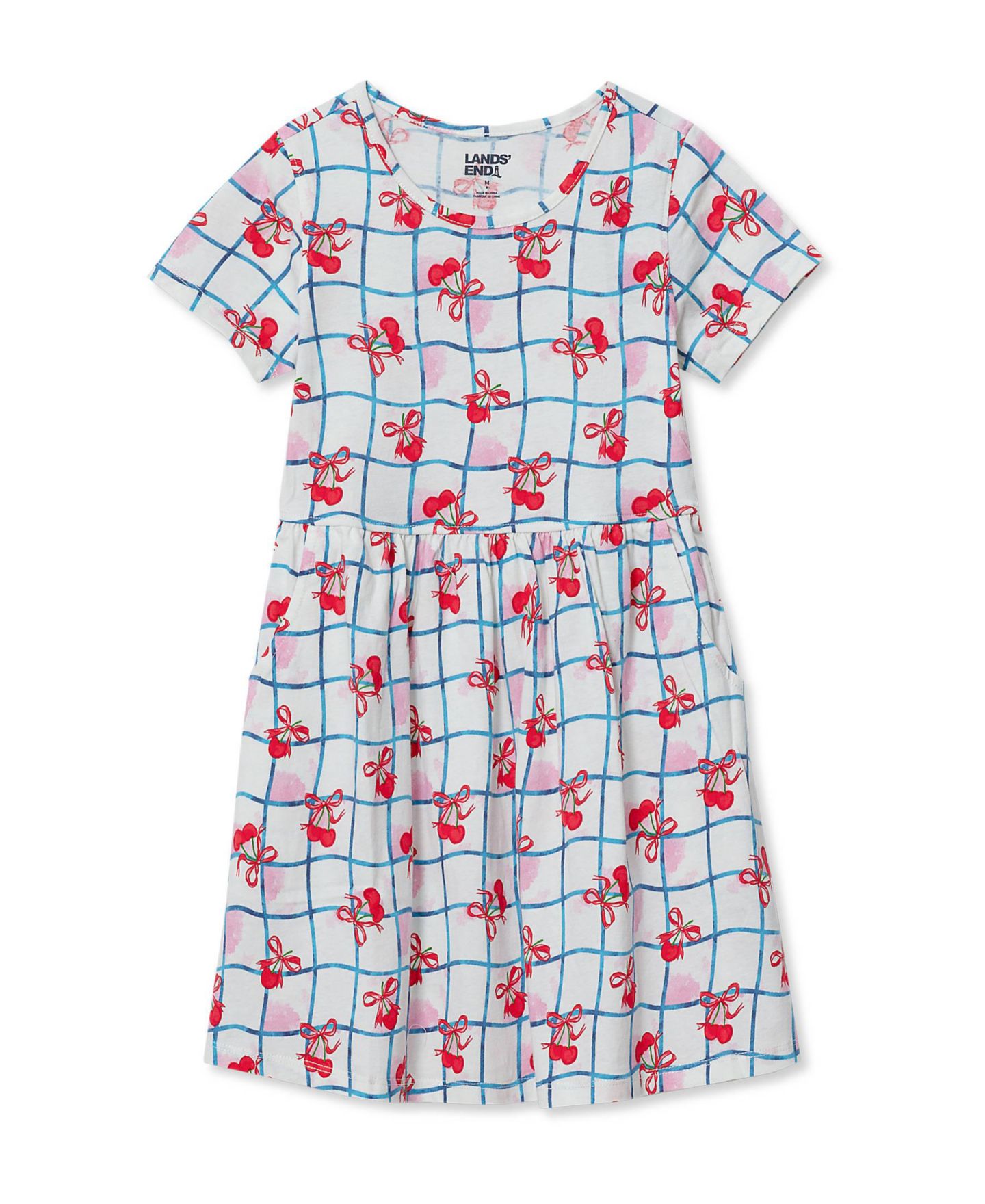 Платье Lands' End Short Sleeve Gathered Waist Jersey Dress для девочек, цвет: Розовый — фото 1