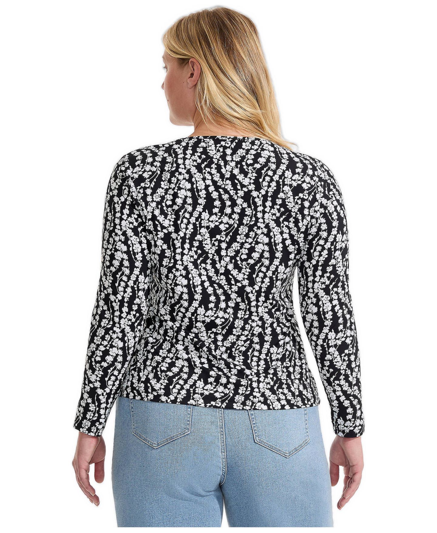 Женская футболка Lands' End Plus Size Long Sleeve Crewneck Garden - Sunshade UPF 50 Quick Dry, цвет: Чёрный / Белый с принтом — фото 2