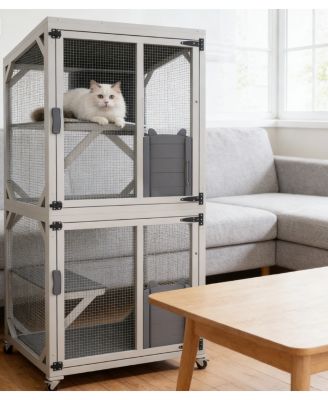 Zeus and Ruta Large Outdoor Cat Enclosure Catio With Wheels Multi Level Wooden Cat House With Platforms Lockable Doors