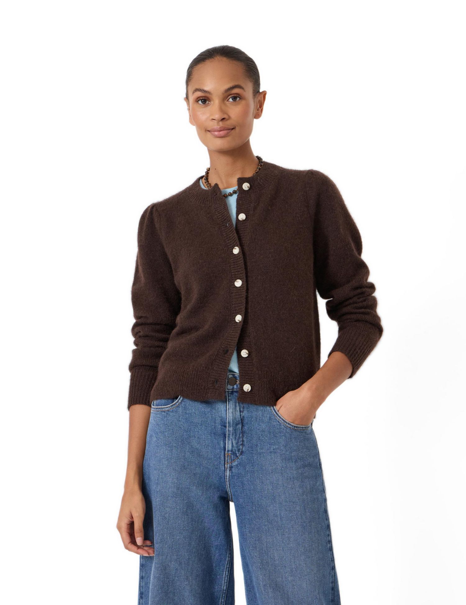 Women's Wool Blend Gathered Shoulder Cardigan