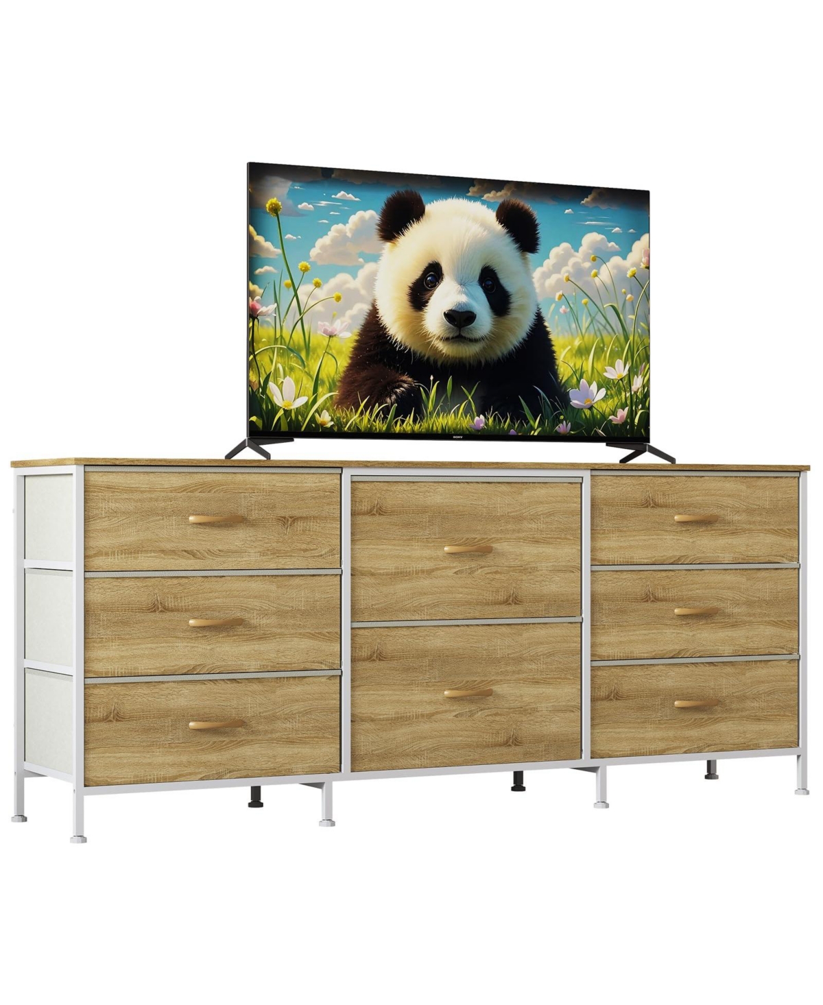 gaomon 63" Tv Stand Dresser with 8 Fabric Drawers for TVs up to 75", Storage Organizer with Wooden Top and Metal Frame - Natural
