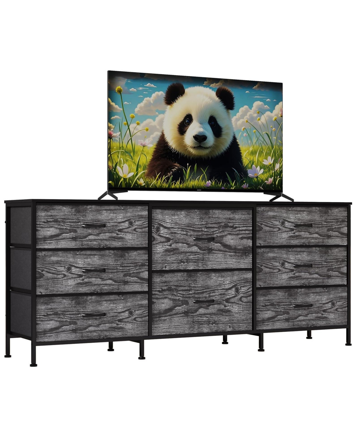 gaomon 63" Tv Stand Dresser with 8 Fabric Drawers for TVs up to 75", Storage Organizer with Wooden Top and Metal Frame - Gray