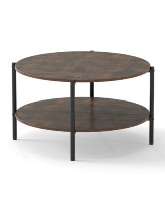 2-Tier Industrial Round Coffee Table, Accent Table with Open Storage Shelf-Rustic