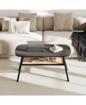 Rectangular Coffee Table 2 Tier Rattan Shelf Rubber Wood Legs