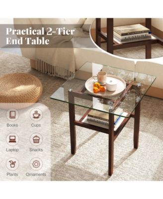 Square Glass Coffee Table 2 Tier with Shelf Brown