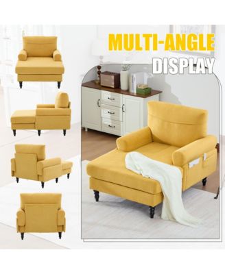 Comfortable Chenille Chaise Lounge Chair, Oversized Leisure Recliner Single Sofa with Wood Legs and Side Storage Pockets for Home Use