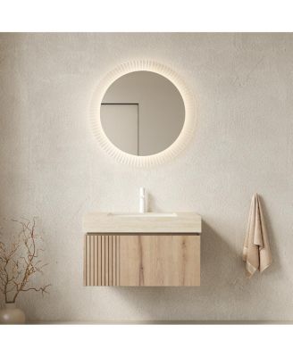 30" Wall Mounted Bathroom Vanity with Roma Travertine Sintered Stone Top, Ceramic Sink, Soft Close Drawer and Door
