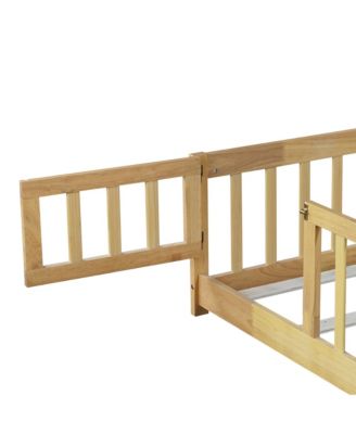 Twin Size Floor Bed with Fence and Door,Rubber Wood Floor Bed with Safety Guardrails