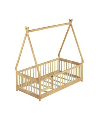 Twin Tent-shaped Floor Bed,Teepee Bed with Guardrails,Slats and Door