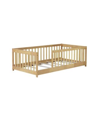 Twin Size Floor Bed with Fence without Door, Rubber Wood Floor Bed with Safety Guardrails