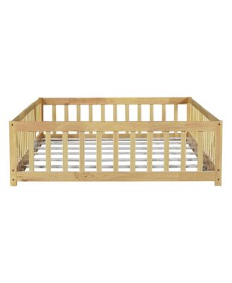 Full Size Floor Bed with Fence and Door,Rubber Wood Floor Bed with Safety Guardrails