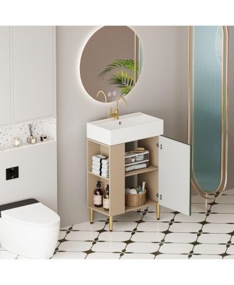  Small Bathroom Vanity with Ceramic Sink, Modern Wood Base, Soft Close Door and Open Shelves for Compact Spaces