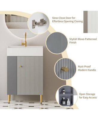 Small Bathroom Vanity with Ceramic Sink, Modern Wood Base, Soft Close Door and Open Shelves for Compact Spaces