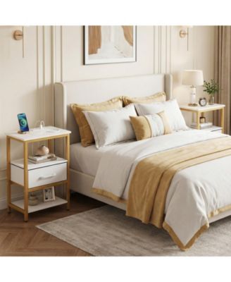 Nightstand w/Charging Station Set of 2 w/Fabric Drawer and Open Storage Shelves