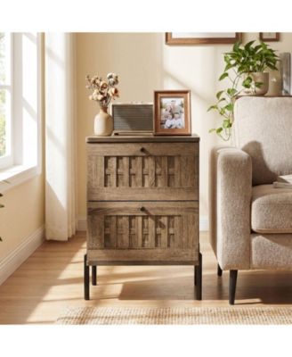 2PCS-Nightstand w/2 Woven Storage DrawersMetal Support LegsBedroomRustic Oak