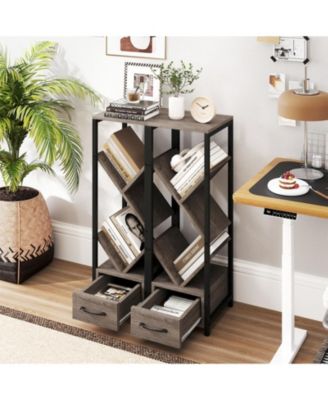 4-Tier Floor Tree Bookshelf with Drawer and Metal Frame